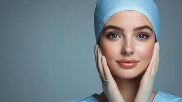 Woman with flawless skin wearing medical garments, surgical gloves and cap in a medical or cosmetic setting. Soft lighting on a blue background. photo