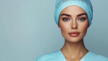 Professional portrait of a beautiful doctor or nurse wearing surgical cap and scrubs against a light blue background in a studio setting. photo