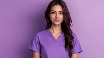 Confident professional in purple scrubs against a matching background, radiating health and wellness with a serene and inviting demeanor. photo