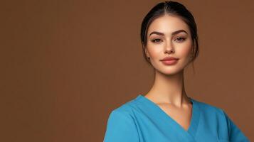 A young, beautiful healthcare worker in a blue scrub uniform stands against a solid background, symbolizing competence and compassion. photo