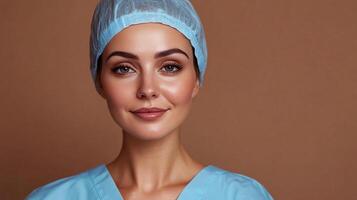 Portrait of a female healthcare worker in scrubs and surgical cap. She is posed against a neutral background, smiling calmly. photo