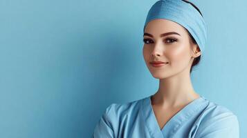 A portrait of a confident and friendly nurse in light blue scrubs with her arms crossed, posing against a matching light blue background. photo