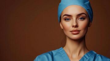 Healthcare professional in a blue surgical cap and scrubs against a solid brown background with soft lighting emphasizing their features. photo