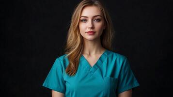 Portrait of a young female healthcare worker in scrubs, looking directly at the viewer with a calm, professional expression. photo