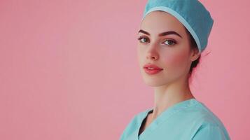 Confident healthcare worker in surgical attire against a pink backdrop, conveying professionalism and expertise in medical settings. photo