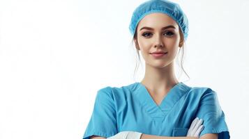 Portrait of a healthcare worker in scrubs and cap with arms crossed, symbolizing confidence and expertise in medical field. photo