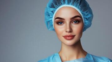 Beautiful young woman dressed in medical scrubs with a surgical cap, prepared for surgery and medical procedures, with a calm and confident expression. photo
