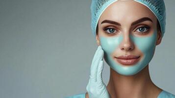 A woman in a medical cap with a blue facial mask is applying the product to her face with a gloved hand, on a light grey background. photo