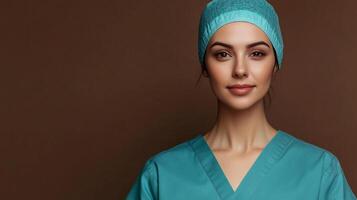 Portrait of a healthcare professional in teal scrubs and a matching surgical cap, against a brown background with good studio lighting. photo