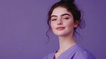 Portrait of a young woman with a messy bun and a purple top posing against a solid purple backdrop in a studio setting. photo