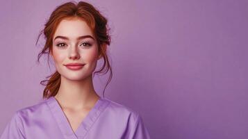 A red-haired professional woman with an amiable expression set against a pastel purple background. She is wearing a light purple uniform. photo