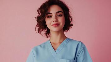 Portrait of a brunette woman in scrubs, exuding warmth and approachability against a pink background. Ideal for medical or healthcare themes. photo