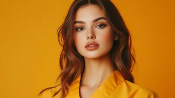 Portrait of a beautiful young woman with wavy brown hair and perfect makeup, posing against a warm yellow background in a studio. photo