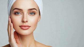Elegant woman with a white towel wrapped around her head, showcasing flawless skin and a serene expression in a studio setting. photo