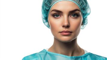 Portrait of a woman wearing a surgical cap and gown on a white background, close up, confident, ready for work. Health is her priority. photo