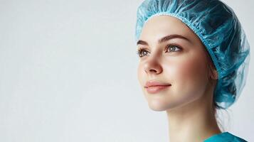 Portrait of a thoughtful young woman with clear skin, wearing a surgical cap and looking up, in a medical setting with a clean background photo