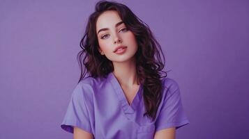A young healthcare professional with purple scrubs poses in front of a matching background, radiating competence and calm assurance. photo