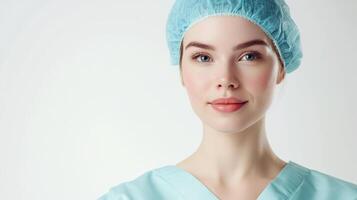 Young woman in medical scrubs and surgical cap, with a kind expression, suggesting healthcare professionalism and a caring demeanor. photo