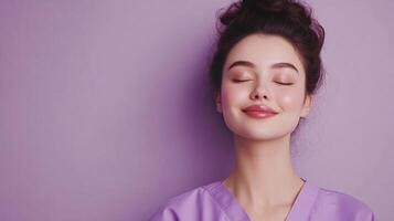 Serene woman in scrubs smiles softly with closed eyes against a calming purple backdrop, embodying tranquility and peacefulness. photo