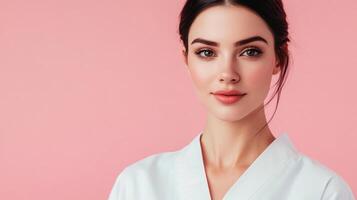 Beautiful woman with elegant makeup and a serene expression, set against a soft pink background. The simple robe adds a touch of purity. photo