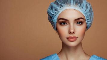 Portrait of medical professional with blue eyes, flawless skin, wearing a surgical cap and gown. Health and beauty in healthcare settings. photo