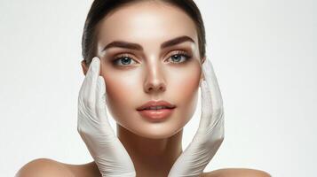 A woman with fair skin and beautiful facial features is prepped by a person wearing gloves for cosmetic treatments or skincare evaluation. photo