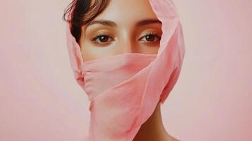Serene beauty portrait with a delicate, semi-transparent pink fabric elegantly draped to partially conceal the face against a soft pink backdrop. photo