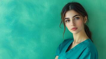 Portrait of a healthcare professional in uniform against a teal backdrop, exuding competence and a caring attitude. She is ready to help. photo