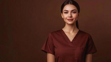 Professional portrait of a friendly healthcare worker in uniform, ready to provide care and assistance, exuding confidence and expertise. photo