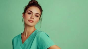 Confident young healthcare professional in scrubs against a clean background. Calm, capable caregiver looking towards the viewer. photo