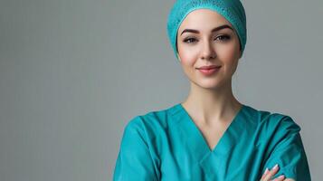 Confident medical professional wearing a green scrub suit and a bouffant cap with a calm look, against a plain grey background. photo