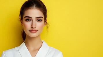 A woman with light skin and brown hair tied up in a ponytail stares directly ahead against a bright yellow background. She has minimal makeup. photo