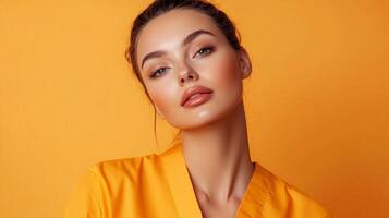 Beautiful woman with fresh makeup and wearing an orange shirt, posing in front of a bright orange background. Attractive and confident. photo