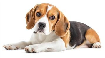 Cute beagle lying down on white background. The dog is looking at the camera with a curious expression. The beagle has brown and white fur. photo
