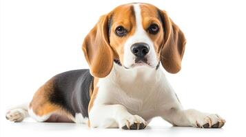 A charming Beagle lies down, its tri-color coat and floppy ears on display against a bright background. The portrait is endearing and clean. photo