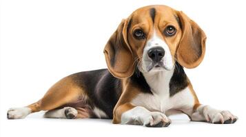 A tri-colored beagle puppy with floppy ears lays down on a bright white background, with paws gently crossed in front of them. photo