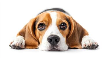A captivating close-up of a beagle lying down with a white background, its expressive eyes conveying both calmness and subtle curiosity. photo