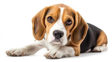 A cute beagle puppy with soulful eyes, lying down in a relaxed pose against a clean, white background. Appealing and engaging. photo