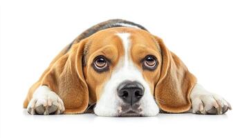 Portrait of a beagle with its paws crossed. The dog has a sad look and its ears are long and droopy. Isolated on a white background. photo