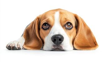 Portrait of a dog with soulful eyes resting on a white surface, showcasing its soft fur and endearing expression. photo