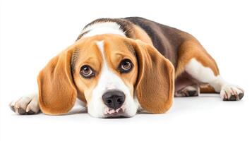 A sad looking beagle dog lying down against a white background looking into the camera with big brown eyes and floppy ears. photo