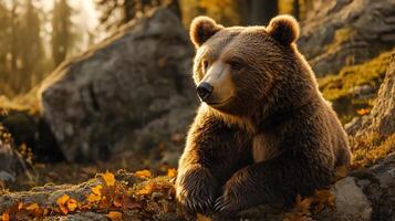 Brown bear resting in a serene, sunlit forest setting, captured in a moment of peaceful contemplation. Untouched wilderness scene. photo
