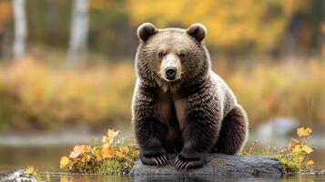 Adorable bear cub portrait in a natural setting, exhibiting captivating fur and a heartwarming gaze amidst blurred autumnal backdrop. photo
