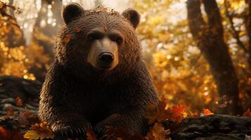 A majestic brown bear rests among the vibrant autumn foliage, creating a serene wildlife portrait in a golden forest setting. photo