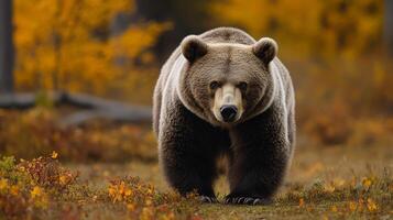 Grizzly bear strides through an autumn landscape, its powerful frame a majestic force against the golden hues of the season. photo