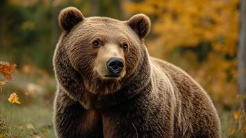 Close-up portrait of a majestic brown bear with a thick, furry coat, captured in a serene autumn forest setting. Wildlife beauty. photo