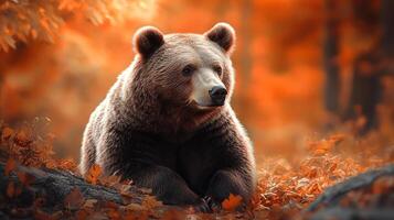 Brown bear resting amidst a vibrant autumn landscape, exuding a serene and powerful presence. The warm tones create a tranquil scene. photo
