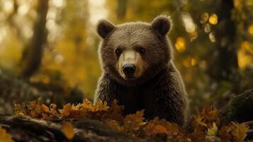 Brown bear in autumn forest, its fur blends with the gold leaf foliage. A portrait of woodland life in fall. A magical moment. photo