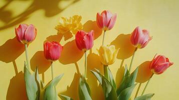 Tulips in radiant hues dance against a vibrant yellow backdrop, casting playful shadows, epitomizing springtime's charm and natural grace. photo