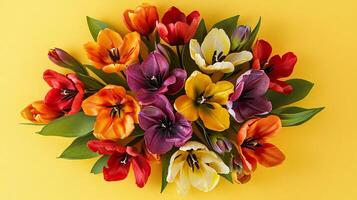 Bouquet of vibrant tulips in shades of red, orange, yellow, and purple on a sunny yellow backdrop, celebrating springtime. photo